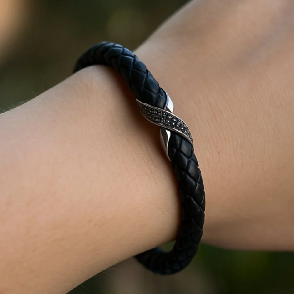 Black Braided Leather Bracelet with Black CZ Pavé Accent